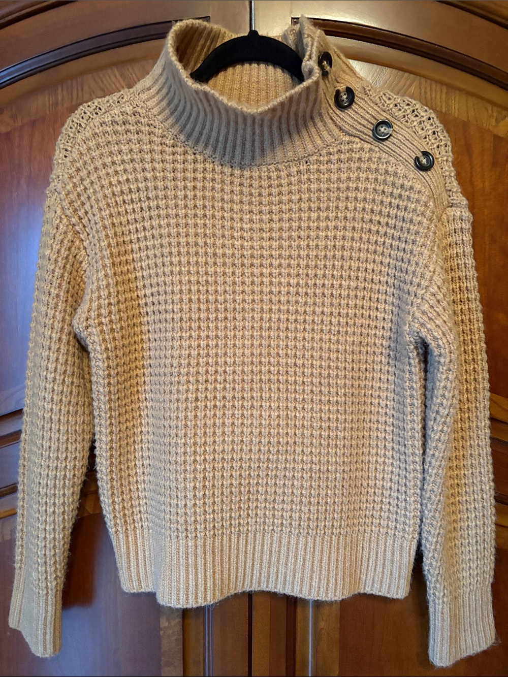 Ann Taylor Caramel Colored Waffle Funnel Neck Sweater with Shoulder Buttons, XS